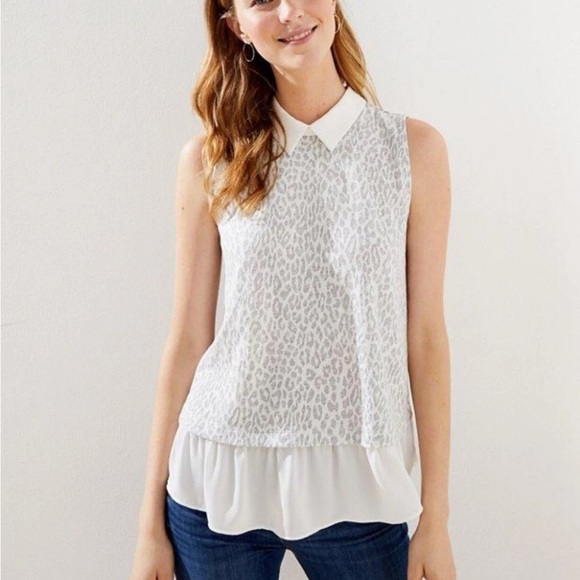 Loft Mixed Media Tank Top Collared Sweater Cream Leopard Layered Small Classic - Picture 1 of 11